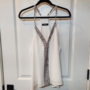 Womens Elegant White Asymmetrical Sleeveless Blouse With Leopard Print Size XL